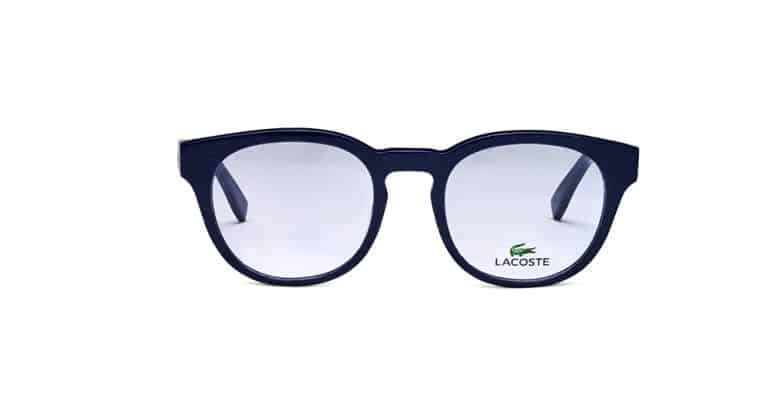 משקפיים מלבניים ממתכת בצבע כחול כהה (2088) של Lacoste עם לוגו ירוק, מבצעים מיוחדים, על רקע לבן.